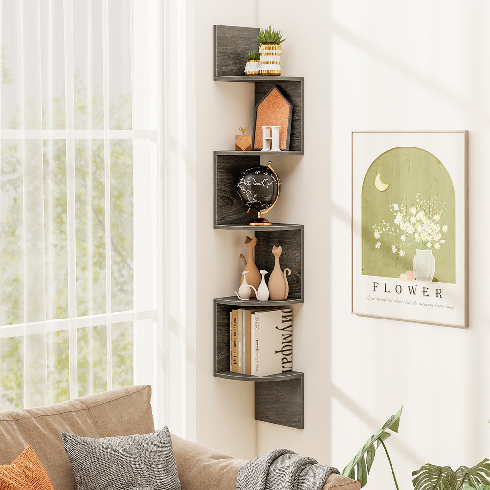 5-tier corner shelf in oak finish, featuring a stylish design for displaying plants and decor while saving space.