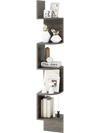 5-tier corner shelf in oak finish, wall-mounted for space-saving storage of books and decor in small spaces.
