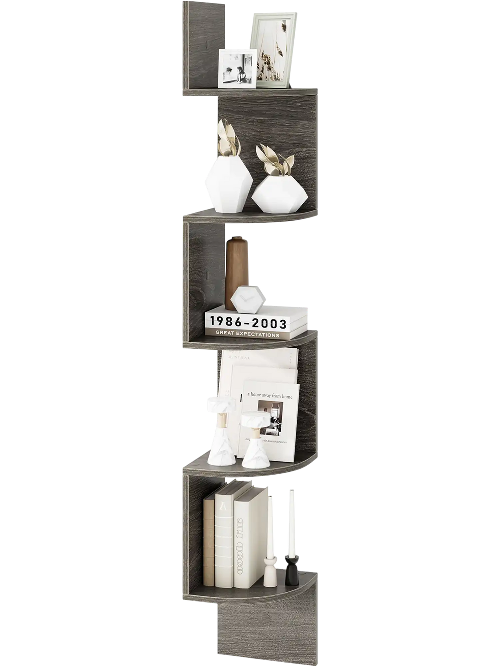 5-tier corner shelf in oak finish, wall-mounted for space-saving storage of books and decor in small spaces.