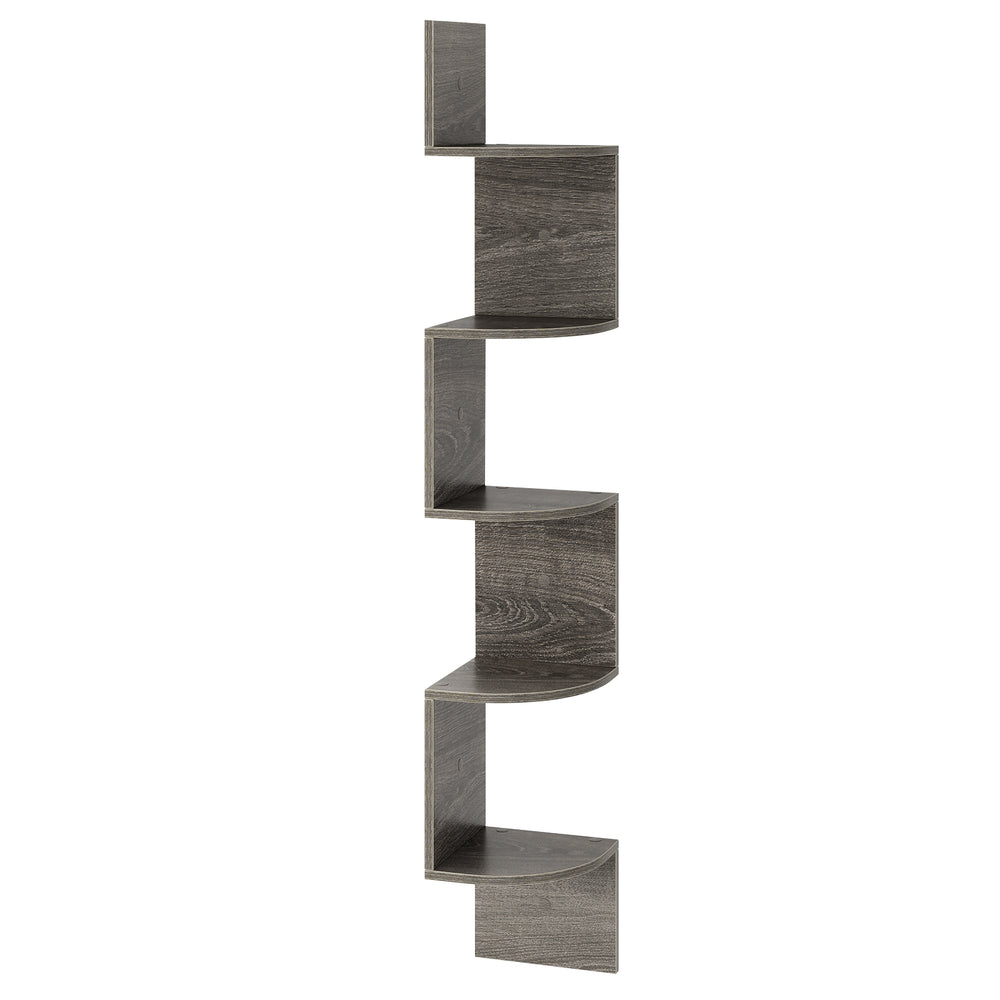 5-tier corner shelf in oak finish, wall-mounted storage organizer for books and decor, ideal for small spaces.