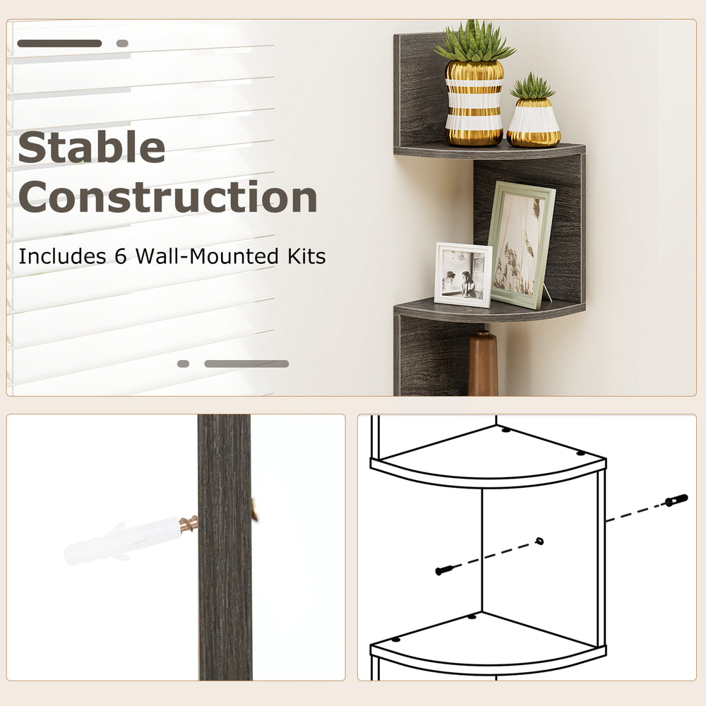 5-tier corner shelf in oak finish with wall-mounted kits, ideal for books and decor in small spaces.