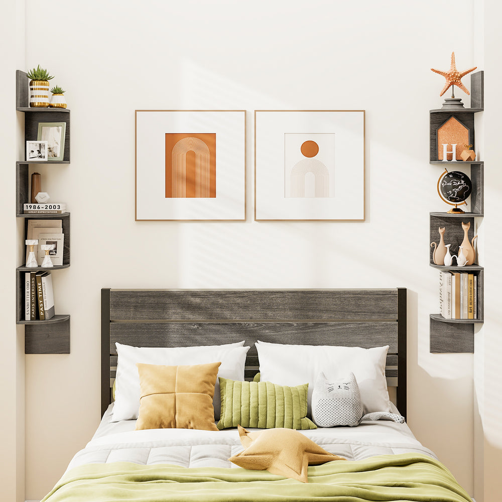 5-tier corner shelf in oak, wall-mounted for books and decor, ideal for space-saving in small areas.