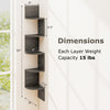 5-tier corner shelf in oak finish, wall-mounted design, dimensions 50"x8"x7.5", ideal for space-saving storage.
