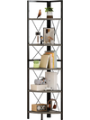 5-tier freestanding corner shelf in black with oak accents, ideal for space-saving storage and display in any room.