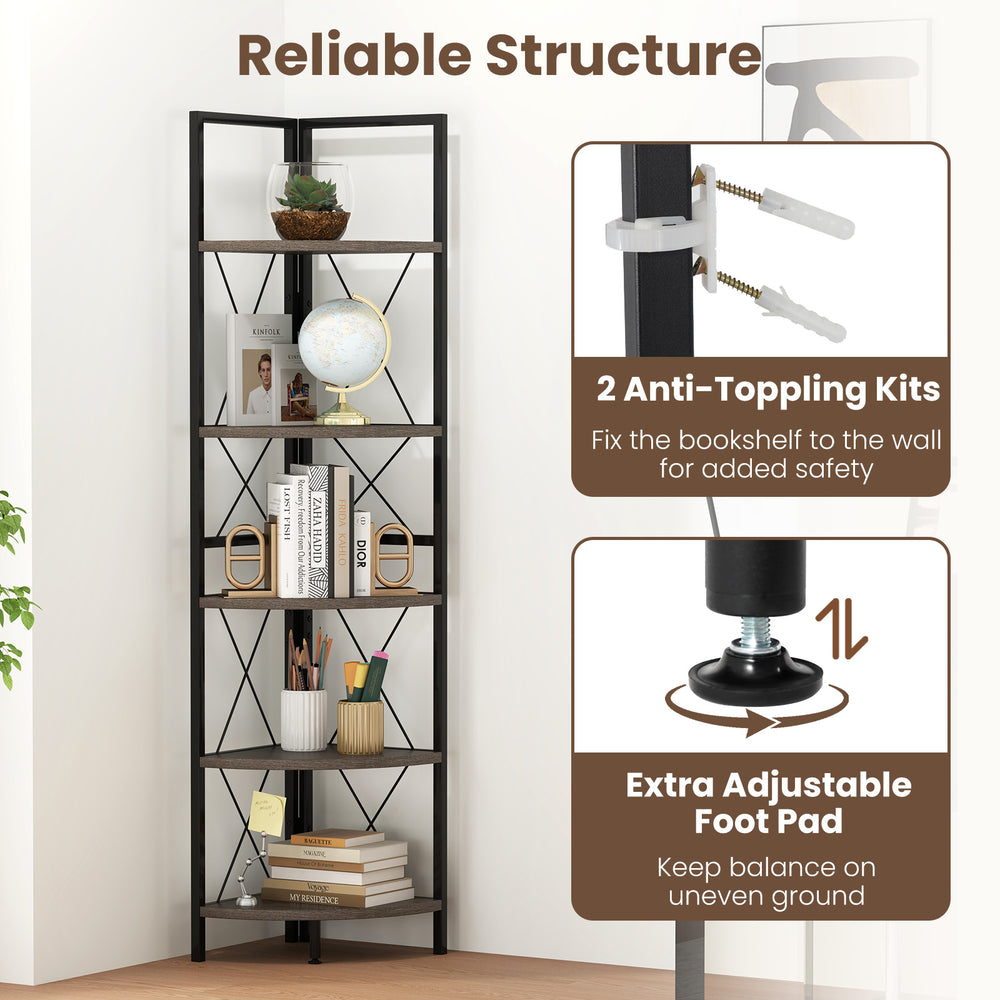 5-tier freestanding corner shelf in oak with heavy-duty metal frame, adjustable foot pad, and anti-toppling kits for.