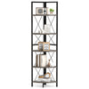 5-tier freestanding corner shelf with oak finish and metal frame, ideal for storage and display in any room.