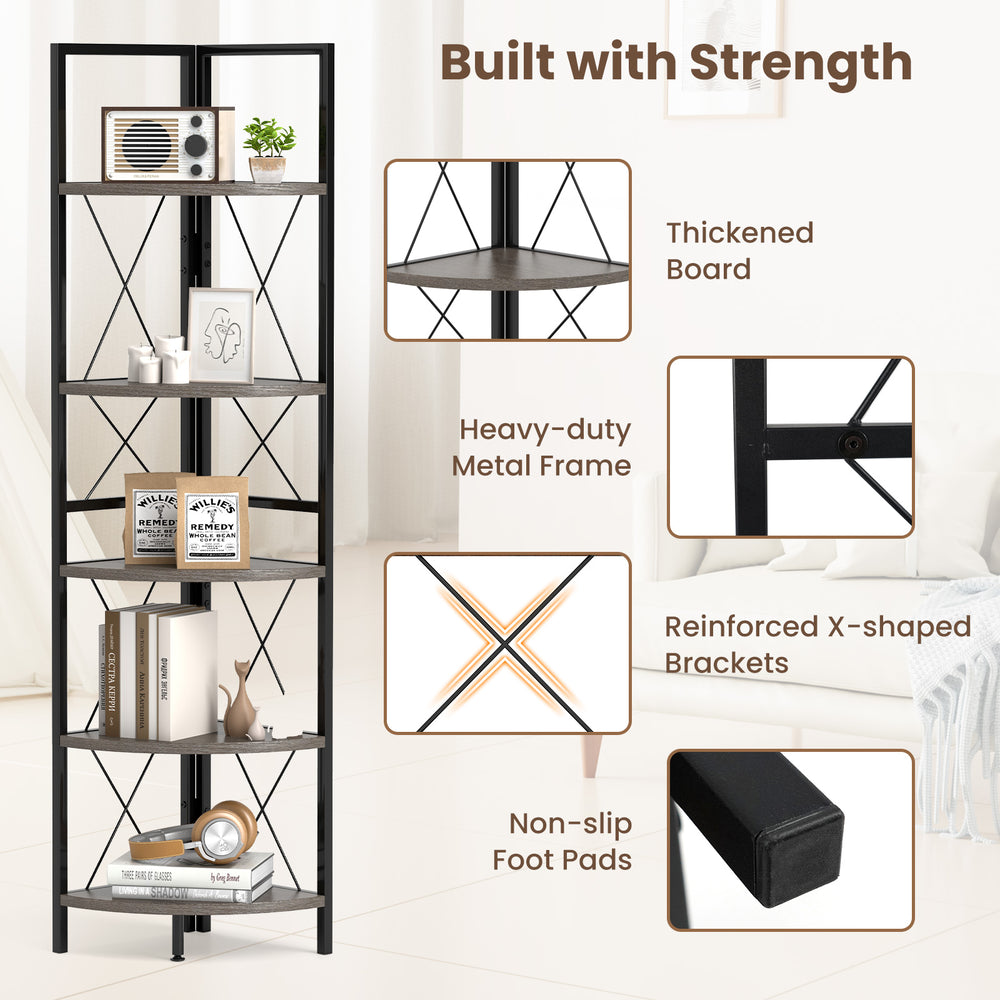 5-tier freestanding corner shelf in oak with heavy-duty metal frame, ideal for storage and display in any room.