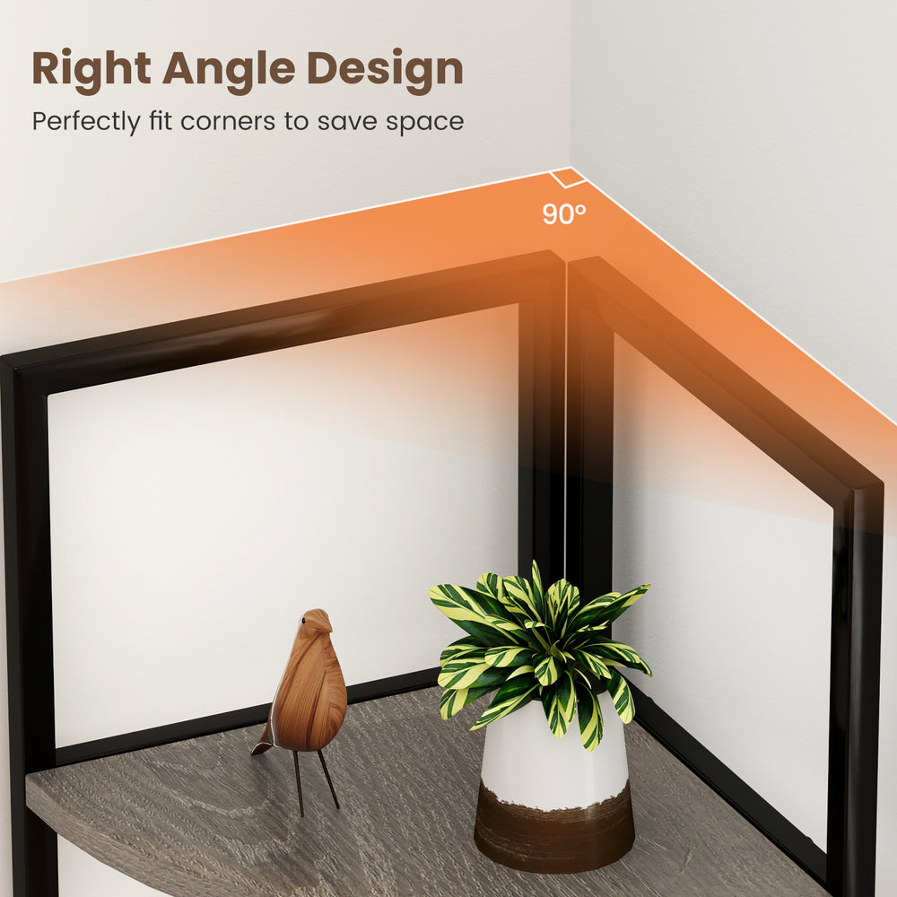 5-tier freestanding corner shelf with right angle design, heavy-duty metal frame, perfect for space-saving storage.