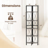5-tier freestanding corner shelf in oak, 63 inches tall, with heavy-duty metal frame for stable storage and display.