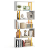 5-tier geometric bookcase with a powder-coated metal frame, featuring open shelves for books and decor in a modern.