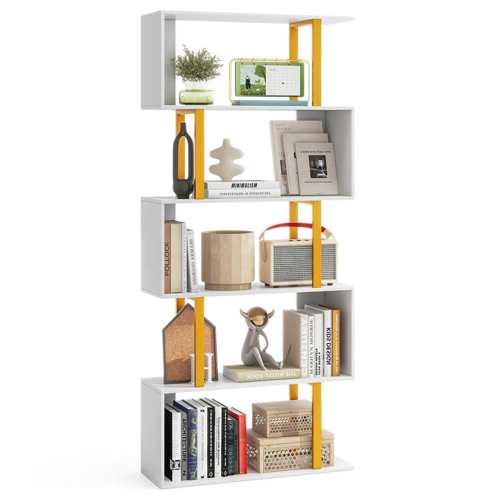 5-tier geometric bookcase with a powder-coated metal frame, featuring open shelves for books and decor in a modern.