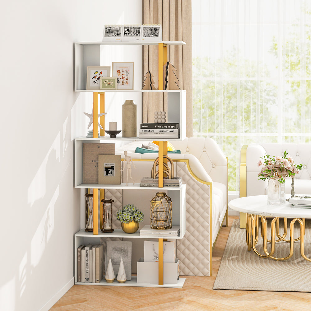 5-tier geometric bookcase with a powder-coated metal frame, showcasing open shelves for books and decor in a modern.