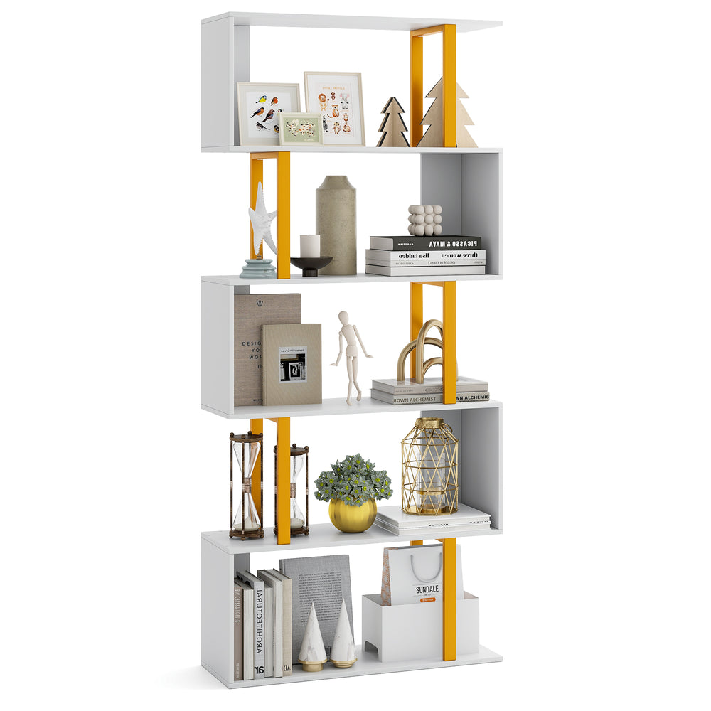 5-tier geometric bookcase with a powder-coated metal frame, featuring open shelves for books and decor, ideal for.