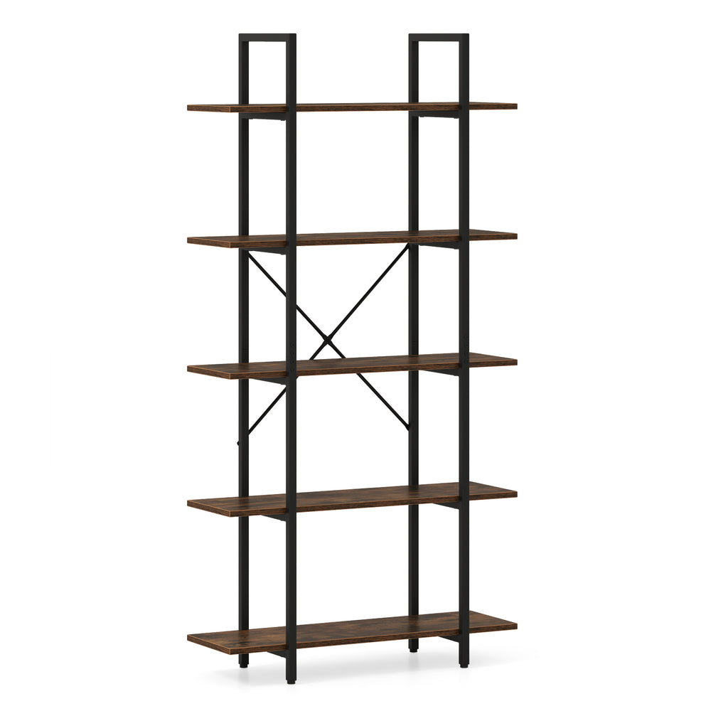 5-tier vintage industrial bookcase in rustic brown with open storage shelves, perfect for living room or study room.