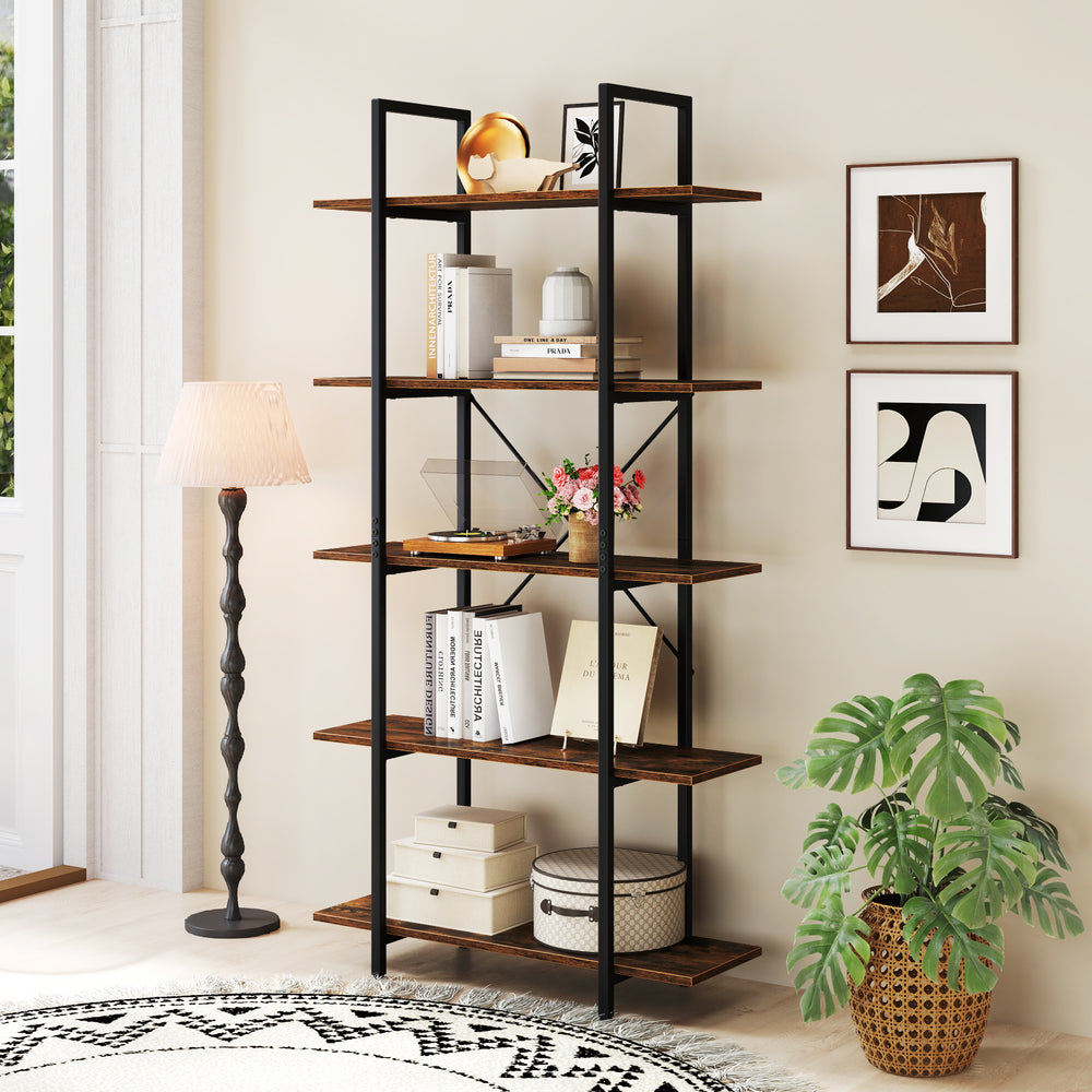 5-tier vintage industrial bookcase featuring a rustic brown finish and heavy-duty metal frame, perfect for stylish.