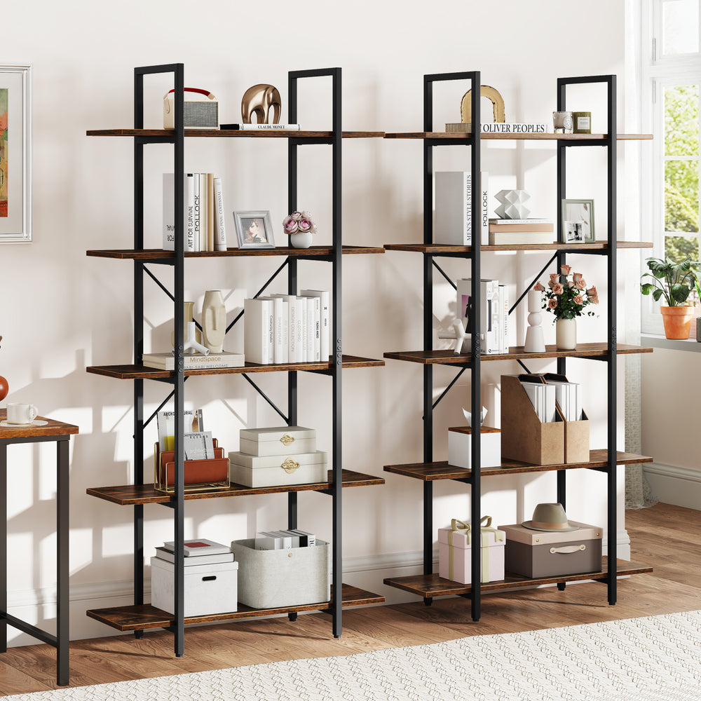5-tier vintage industrial bookcase in rustic brown with open storage shelves for versatile home decor and organization.