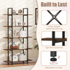 5-tier vintage industrial bookcase in rustic brown with open storage shelves and adjustable foot pads for stability.