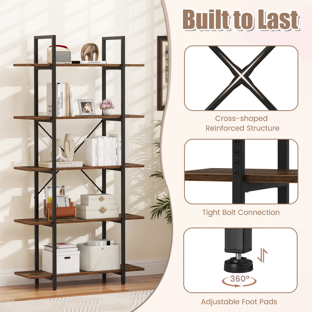 5-tier vintage industrial bookcase in rustic brown with open storage shelves and adjustable foot pads for stability.