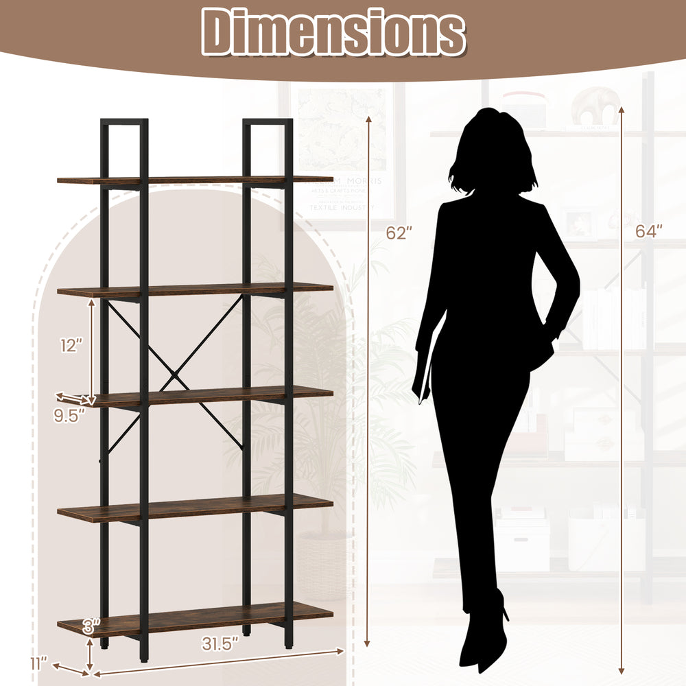 5-tier vintage industrial bookcase in rustic brown, measuring 62 inches tall, ideal for versatile storage in any room.