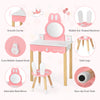 Kids rabbit vanity set featuring a round mirror, pink table, and chair with solid wood legs for a charming playroom.