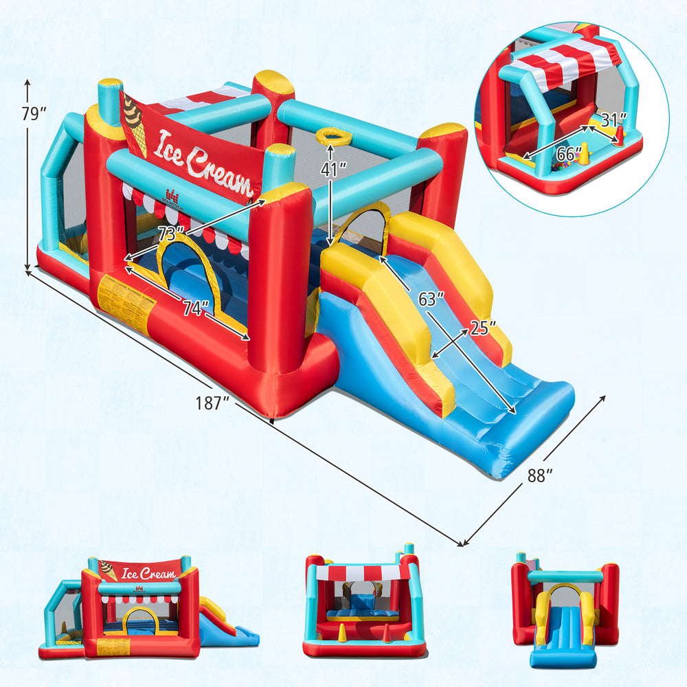 5-in-1 Ice Cream inflatable bounce house with slide and ball pit, featuring bright colors and safe mesh for kids' fun.