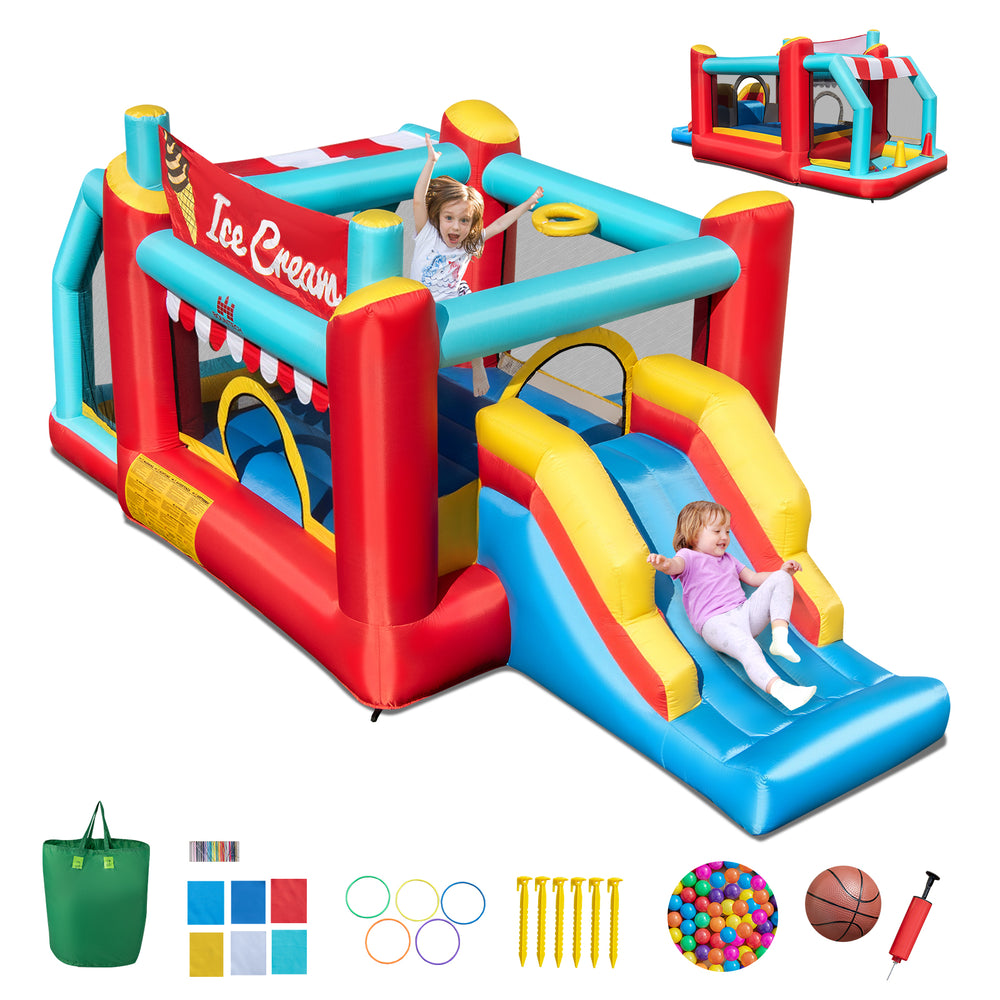 5-in-1 Ice Cream inflatable bounce house with slide, ball pit, and games for kids' outdoor fun and exercise.