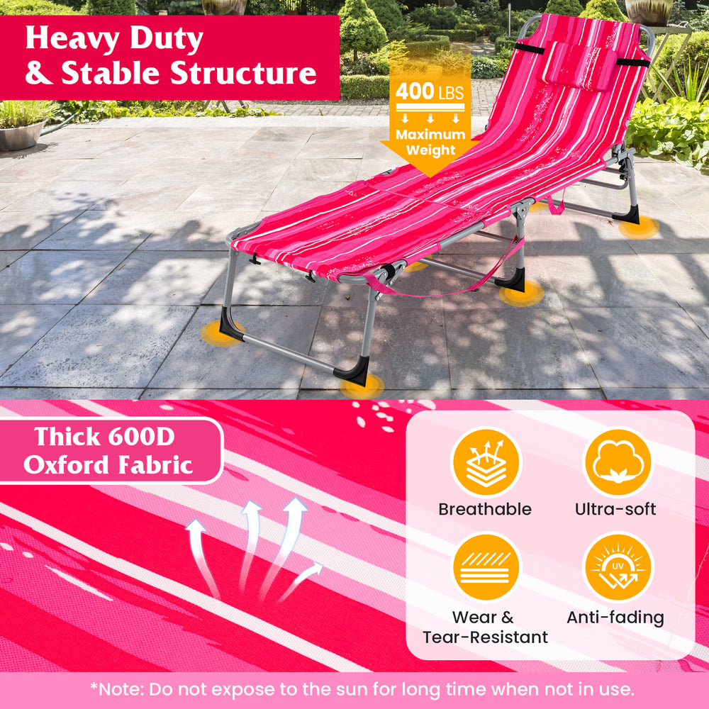 5-position outdoor folding chaise lounge chair in rose red with adjustable footrest and removable pillow for comfort.