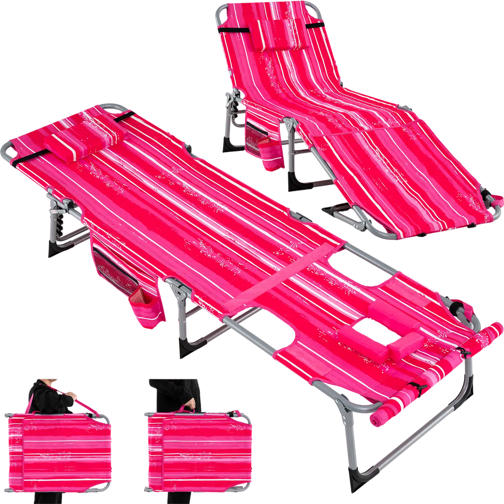 Single rose red outdoor folding chaise lounge chair shown with adjustable backrest positioned for lounging and reading.