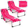 Two rose red outdoor folding chaise lounge chairs with adjustable backrests and removable pillows, perfect for.