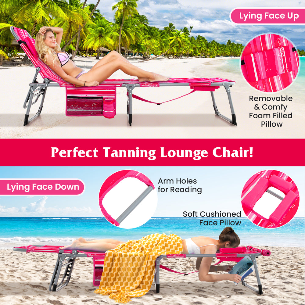 5-position outdoor folding chaise lounge chair in rose red, featuring a removable foam pillow and adjustable footrest.