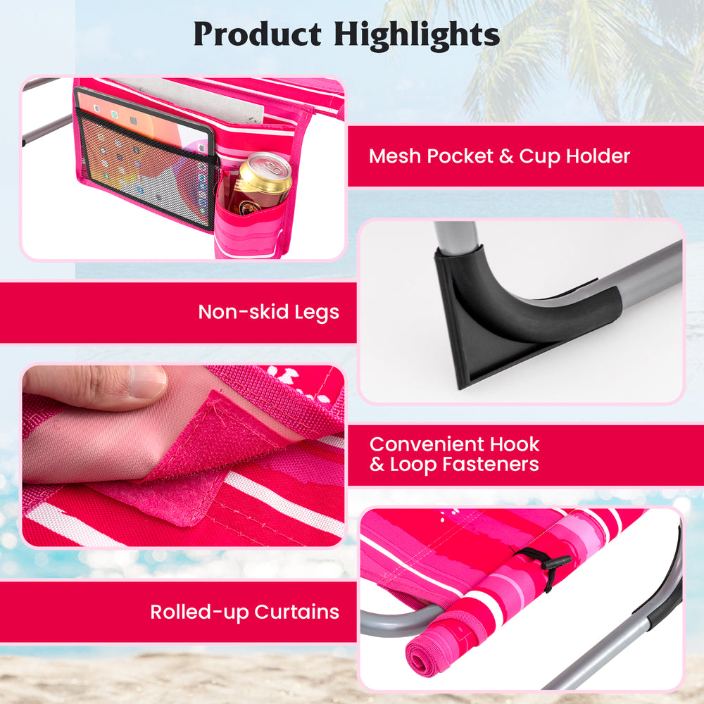 5-position outdoor folding chaise lounge chair in rose red featuring a cup holder, mesh pocket, and non-skid legs for.