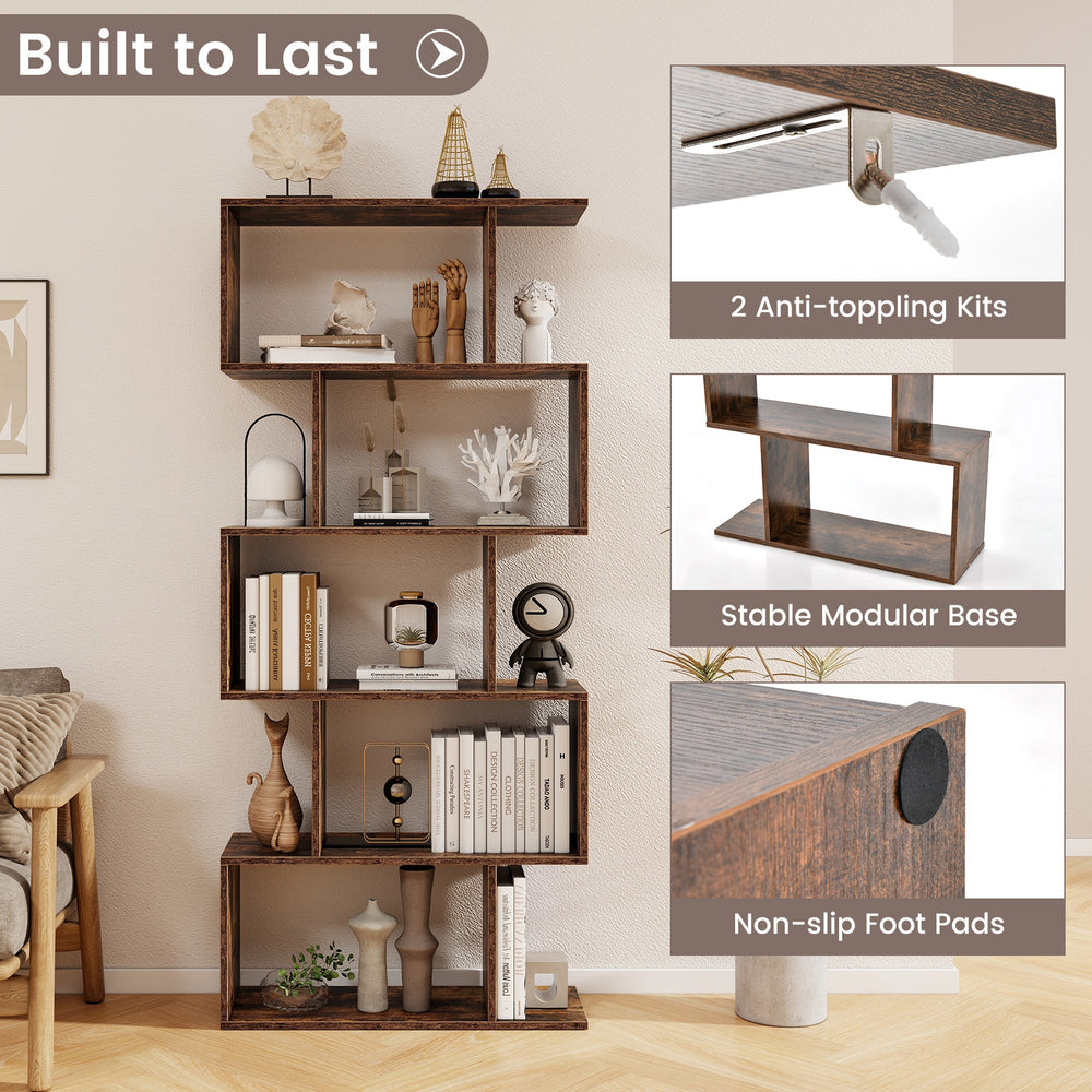 5-tier rustic brown bookshelf with anti-toppling device, ideal for living room or office, featuring a unique geometric.