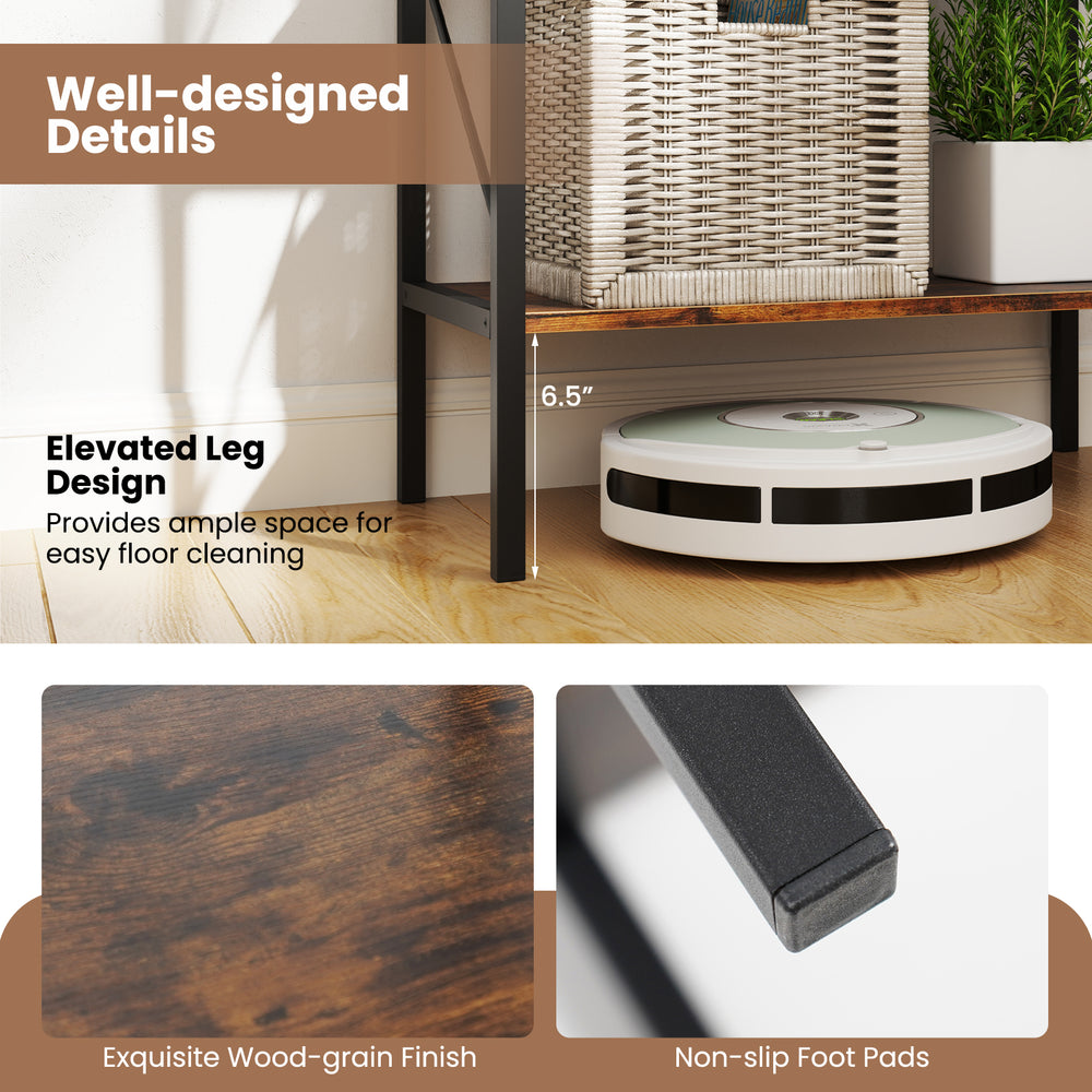 5-tier bookshelf in rustic brown with a sturdy metal frame, elevated design for easy floor cleaning and non-slip foot.