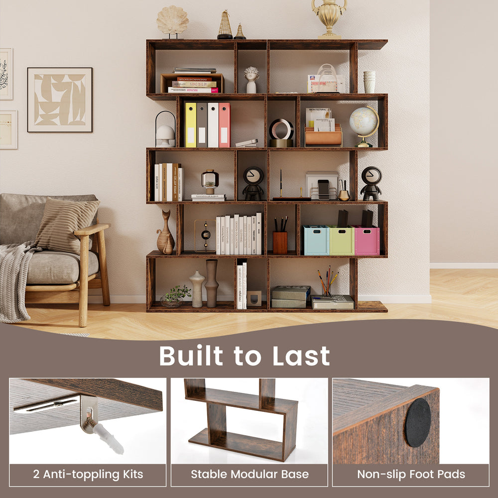 5-tier rustic brown bookshelf with anti-toppling device, ideal for living room or home office storage and display.