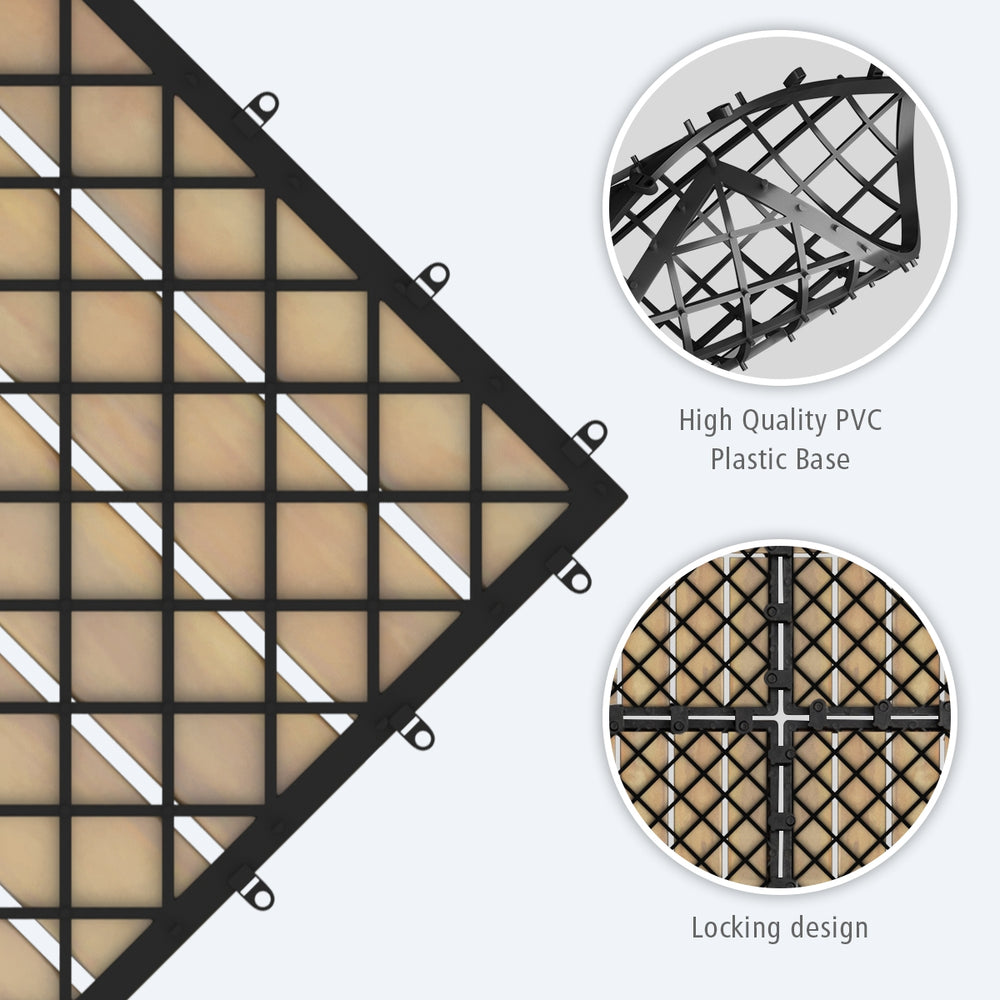 Acacia wood interlocking tile flooring with PVC base, showcasing locking design for easy assembly, ideal for outdoor.
