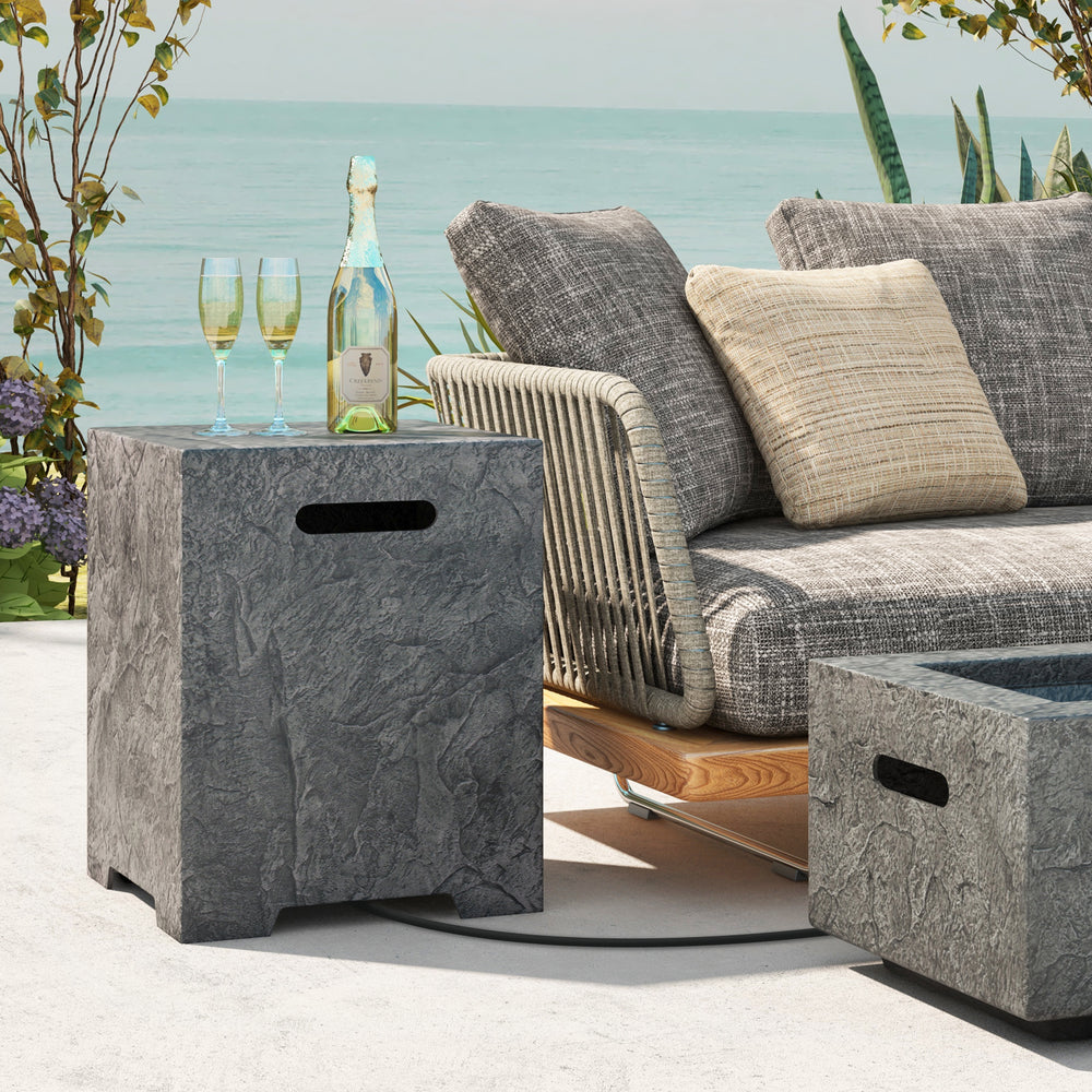 Gray propane tank cover table with cut-out handles, designed for 20 lbs gas tank storage and outdoor use.