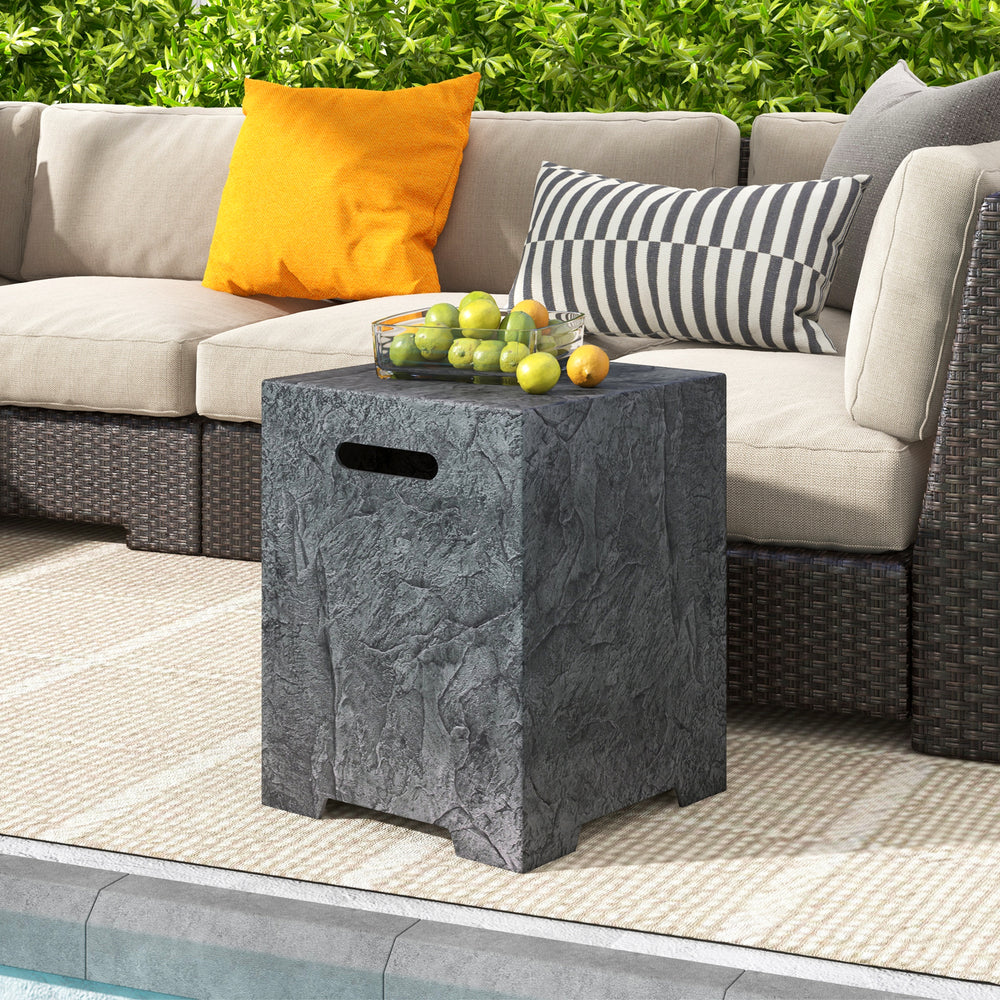 Outdoor gas tank storage cover table in dark gray magnesium oxide, doubles as a side table for convenience.