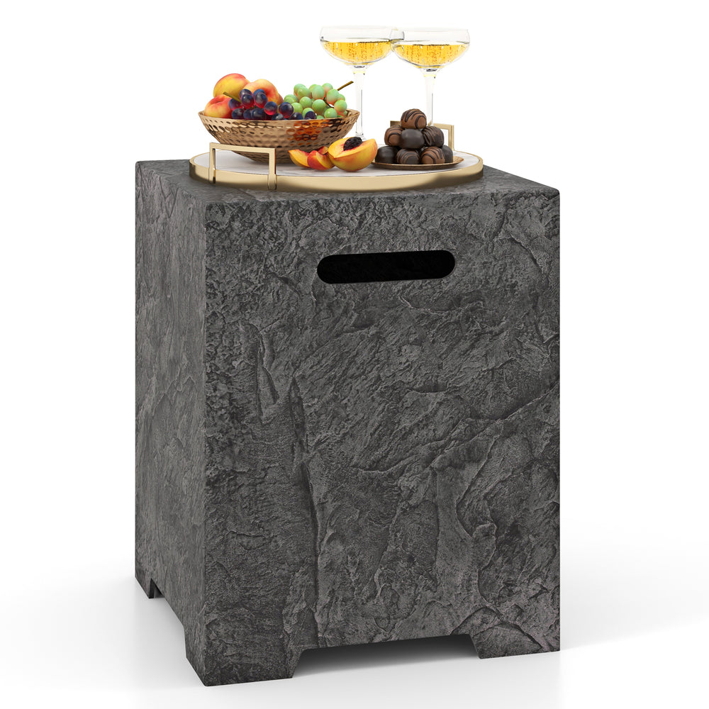 Stylish propane tank cover table in dark gray, made of magnesium oxide, doubles as a side table for outdoor use.