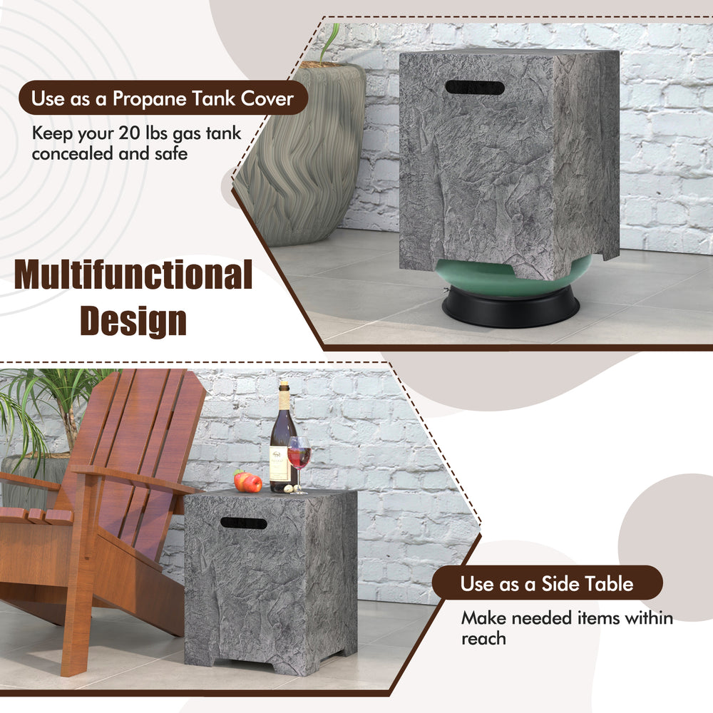 Multifunctional propane tank cover table in gray, designed for 20 lbs gas tank storage and as a side table for outdoor.