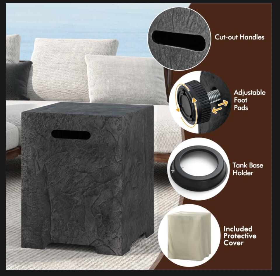 Propane tank cover table with cut-out handles, adjustable foot pads, and included protective cover for outdoor use.