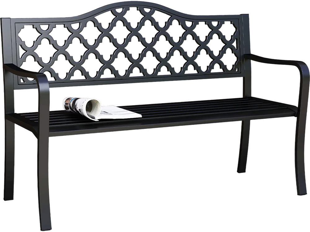 Black 50.5-inch patio bench with curved armrests, designed for 2-3 people, ideal for garden or poolside relaxation.