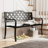 Black patio bench with curved armrests, seating 2-3 people, featuring elegant backrest patterns for outdoor relaxation.