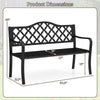 50.5-inch black patio bench with curved armrests, designed for 2-3 people, showcasing elegant backrest patterns.