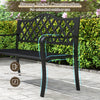 Curved armrest patio bench in black with reinforced metal frame, suitable for 2-3 people, ideal for outdoor relaxation.
