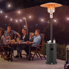 50000 BTU propane patio heater with round table design in black, providing 360° heat coverage for outdoor gatherings.