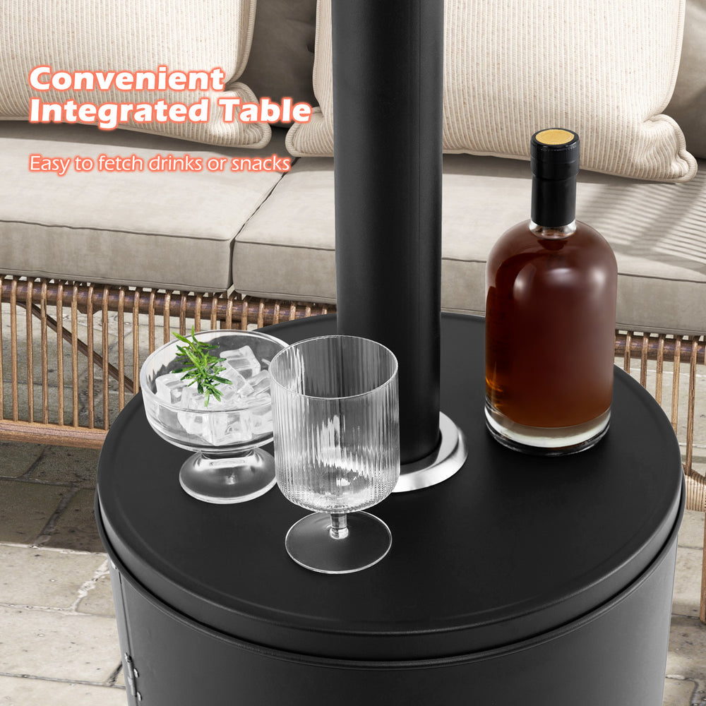 Round table design of the 50000 BTU propane patio heater with drinks, providing convenience for outdoor gatherings.