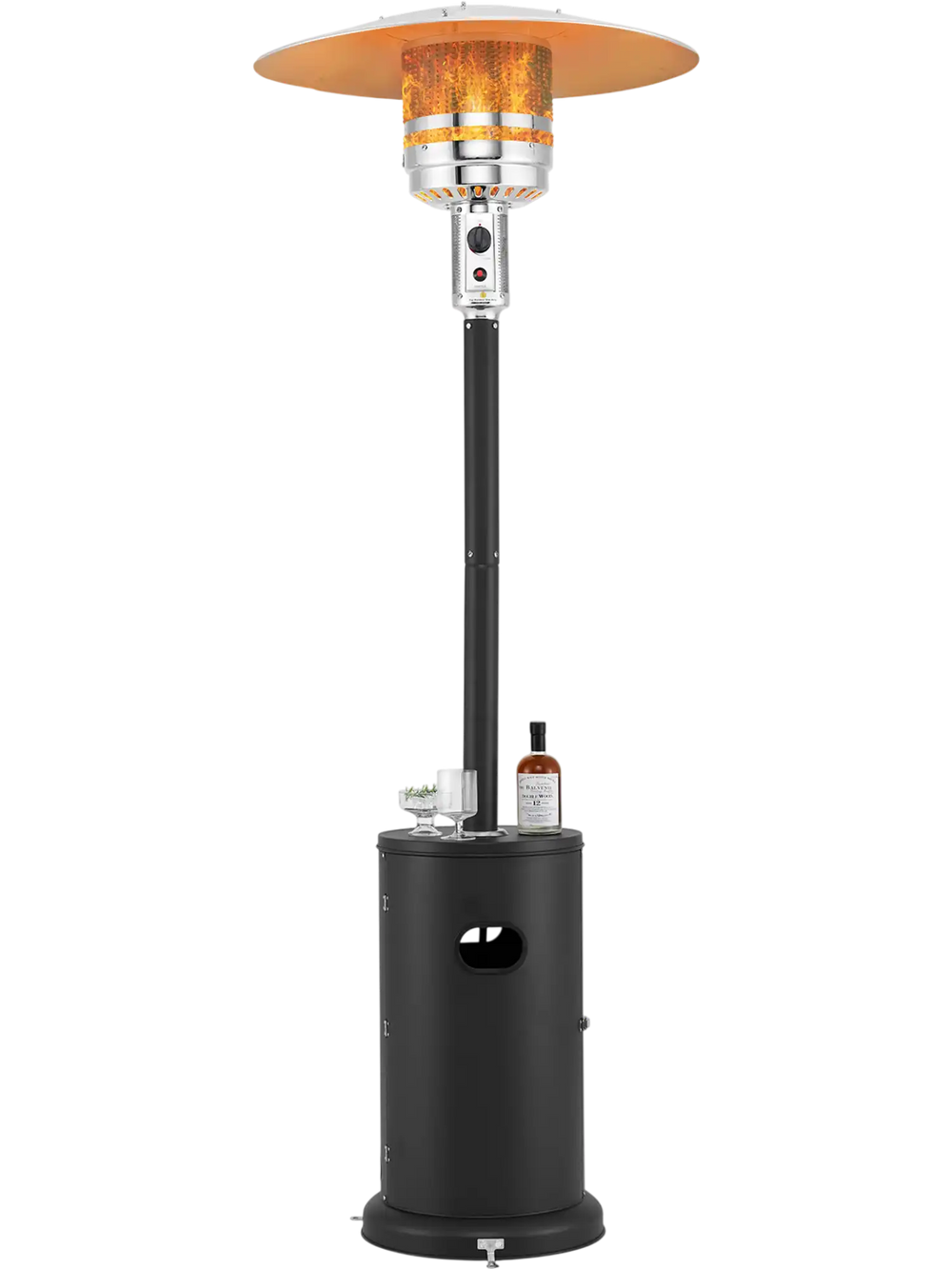 50000 BTU propane patio heater with round table design in black, featuring adjustable temperature control for outdoor.