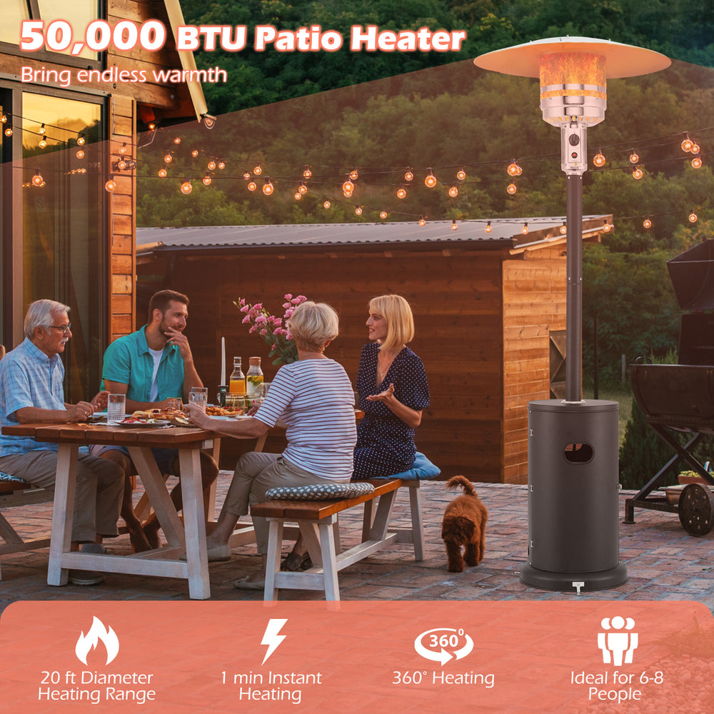 50000 BTU propane patio heater with round table design, black finish, providing 360° heating for 6-8 people outdoors.