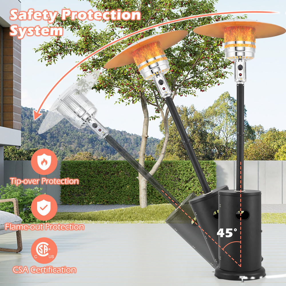 50000 BTU propane patio heater with round table design, featuring tip-over and flame-out protection for outdoor.