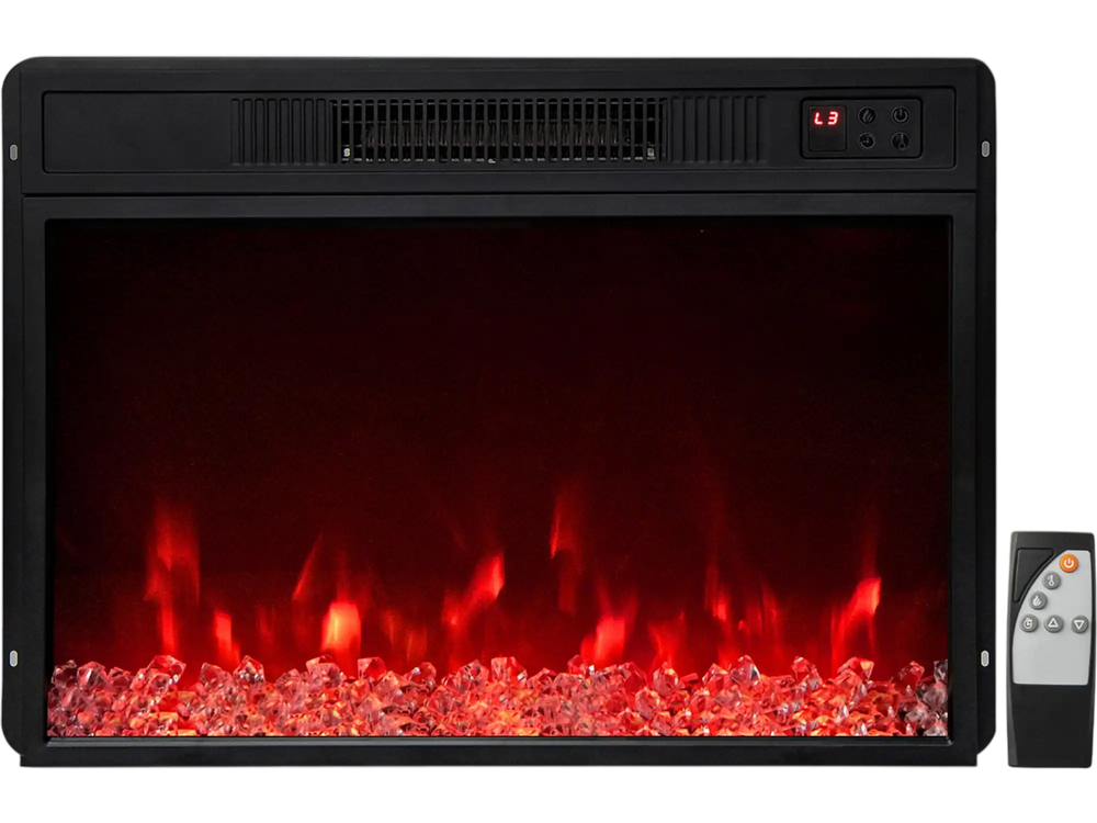 Electric fireplace insert with remote control, 5000 BTU output, 9 flame colors, and adjustable brightness for cozy ambiance.